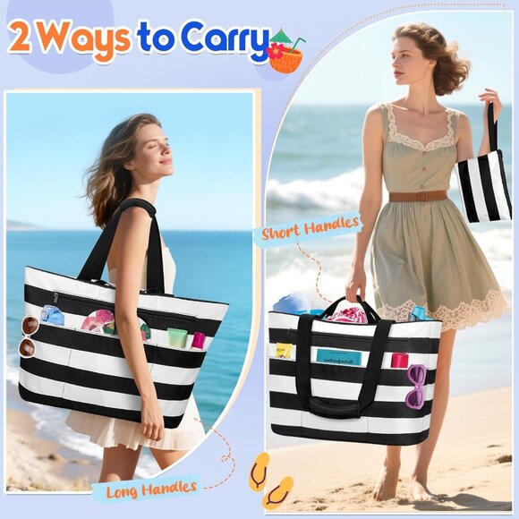 Women's Black White Waterproof Sandproof Xl Tote Zipper Foldable Beach Bags - Picture 2 of 8